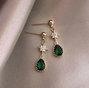 18K Gold Plated Teardrop Shape Green Emerald Dangle Drop Earrings for Women thumbnail 1