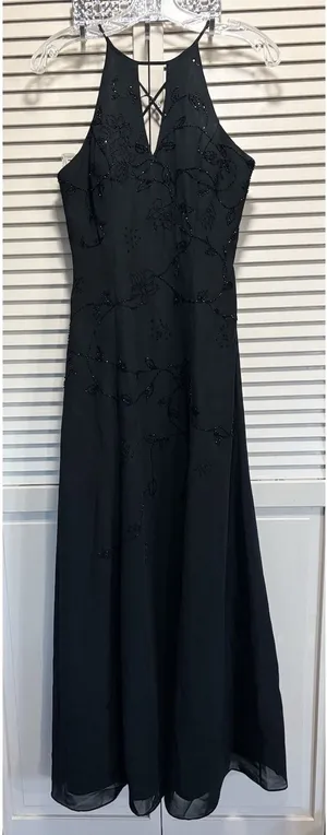 Night‎ Scene Black Beaded Chiffon Halter Keyhole Long Formal Gown Size M Lined thumbnail 1