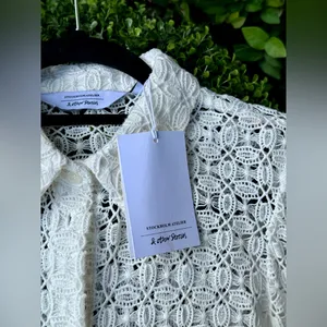 & Other Stories White Crochet Lace Button-Up Puff Sleeve Top thumbnail 2
