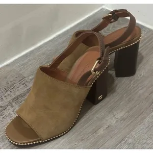 Coach Suede Block Heel Sandals Tan Brown Slingback Beaded Trim Womens Size 5.5 thumbnail 3