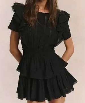 LoveShackFancy Mini‎ Dress Womens Medium Black Natasha Heritage Eyelet Ruffle thumbnail 1