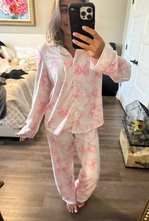 SheIn Pink Bow Print Pajama Set - Soft Button-Up Sleepwear thumbnail 1
