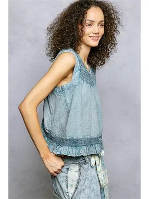 POL Button Closure on Back Ruffled Sleeveless Cotton Blouse with Trim Detail‎ thumbnail 4
