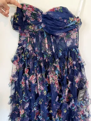 NWT Lulus Stunning Element Navy Floral Mesh Ruffled Strapless Maxi Dress - Small thumbnail 4