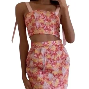 Lulus Floral Two Piece Set Crop Top Mini Skirt‎ Pink Yellow Red Medium M thumbnail 6