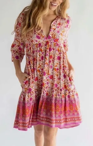 Natural Life Floral Tiered Boho Mini Dress Pink Orange Rayon Small whimsi dainty thumbnail 1