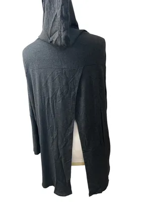 Cozy Soft Fleece Beyond Yoga Charcoal Gray Hooded Open Front Cardigan Jacket thumbnail 3