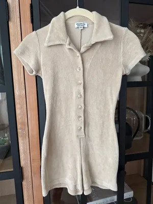 Frankie’s Bikinis Rose terry Romper onesie beige sand short sleeve button down thumbnail 13