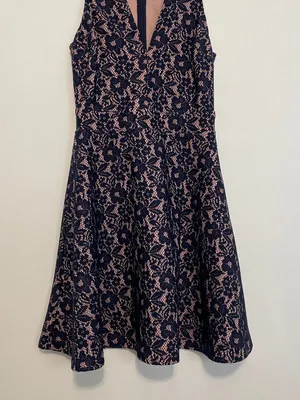 AQUA Navy Blue Lace Light Pink Lining V-Neck Sleeveless Fit Flare Skater Dress thumbnail 4