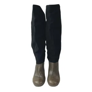 Joy Chen Women's Black Brown Suede Leather Round Toe Heeled Tall Boots Size 7 thumbnail 2