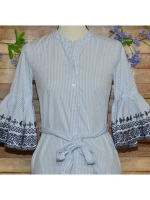 Cremieux Womens SZ 0 Blue White Striped Embroidered Bell Sleeve Tie Waist Dress thumbnail 3