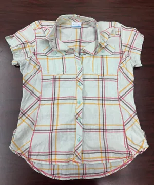Columbia Plaid Cream Colored Plaid Button Up Short Sleeve Shirt Size Medium thumbnail 1