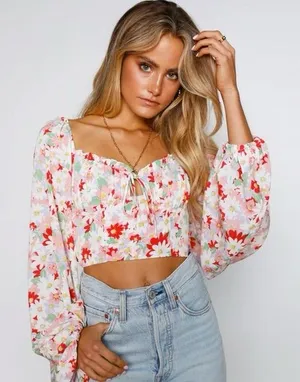 Ruby‎ Sees Pink Floral After School Long Sleeve Crop Top Size US 2 thumbnail 1