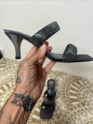 Vince Camuto Black Rhinestone Double-Strap Slide Heels thumbnail 2