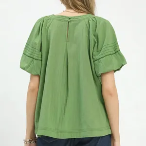 Umgee Round Neck Puff Sleeve Top with‎ Contrast Stitch Detail thumbnail 3