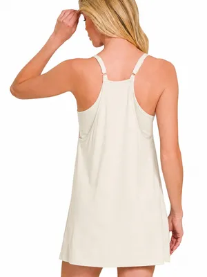 Zenana Romper Dress Built In Shorts Adjustable Straps Bone Small thumbnail 2