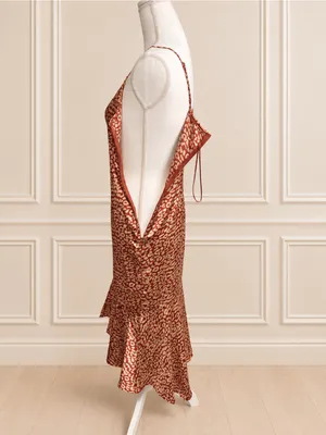 NWOT PrettyLittleThing Red Gold Leopard Satin High-Low Mermaid Maxi Dress US 6 thumbnail 7