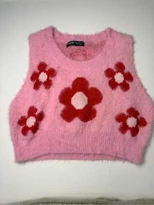 SHEIN Pink Fuzzy Floral Crop Top with Red Flowers thumbnail 2