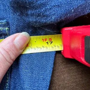 No Tag Denim Tie Blue Jean Jacket With Yellow Thread Collar Button Down Sz 9/10. thumbnail 14