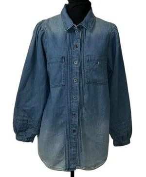 American Eagle Outfitters Denim Puff Sleeve Button Down Blue Top(Size Medium) thumbnail 1