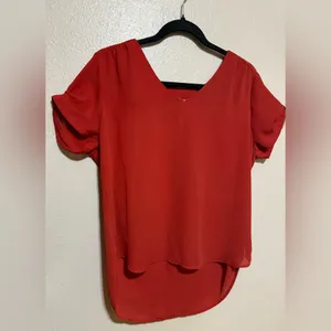 Meraki Orange High Low Blouse Women’s Large V Neck Short Sleeve Top thumbnail 4
