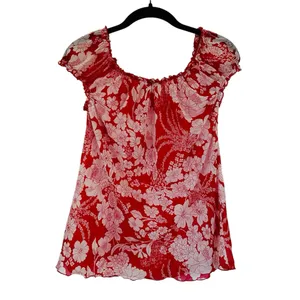 Vintage Y2K Babydoll Top Milkmaid Red Floral Ruffle Bow Fairy Coquette Size L thumbnail 7