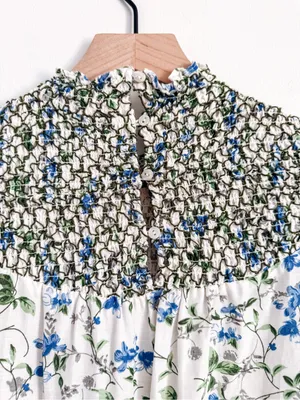 Zara White Blue Floral Smocked High Neck Maxi Dress Size S thumbnail 8