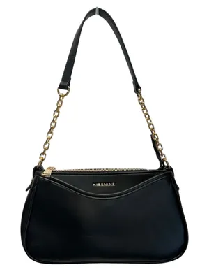 Missnine Black Shoulder Bag Mini Baguette Purse Vegan Leather Gold Chain Zip NEW thumbnail 1