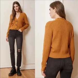 Lulus Camel Mustard Yellow Ribbed Knit Short Cardigan Sweater Women Size XL v6x thumbnail 2
