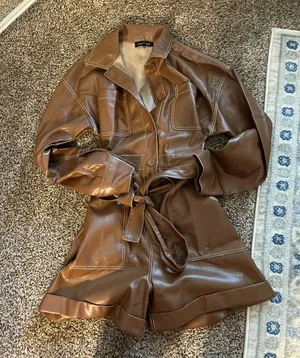 These Three Boutique Brown Leather Long Sleeve Romper thumbnail 1