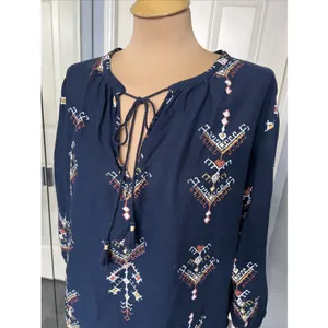 Madewell Women's Navy Embroidered Peasant Top‎ Size Medium Aztec Southwest Boho thumbnail 4