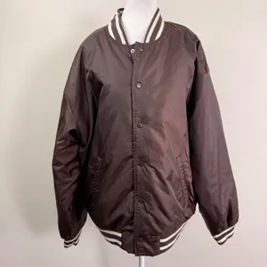 Tna Aritzia Stadium Jacket Brown Satin Varsity Bomber Striped Trim Women XL thumbnail 2