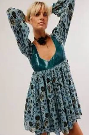 Free People Marsha Mini Velvet Retro Dress Empire Waist Size M Teal NWT thumbnail 1