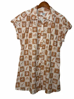 Crosby by Mollie Burch Linen Coastal Neutral Seashell Print Shirt Dress M thumbnail 4