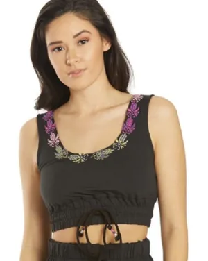FP Movement Free People Black Floral‎ Embroidered Smocked Crop Top Small thumbnail 1