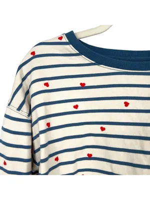 Pact Scattered Hearts Striped Sweatshirt Organic Cotton Blue Cream Size Medium thumbnail 3