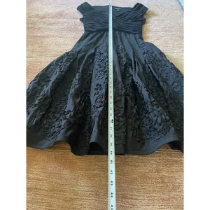 Adrianna Papell Black Ruched Fit Flare Midi Dress Textured Floral Skirt Sz 4 thumbnail 6
