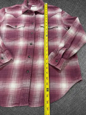 American Eagle Women’s Burgundy Cream Plaid Oversized Western Flannel Shirt thumbnail 7