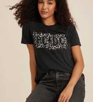 Maurices AC/DC Black Animal Print Graphic Tee Rhinestone Oversized thumbnail 1