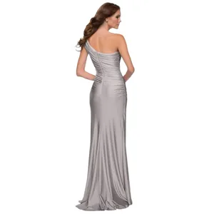 La Femme One Shoulder Shiny Ruched Jersey Dress Slit‎ Gown Silver Gray 6 thumbnail 2