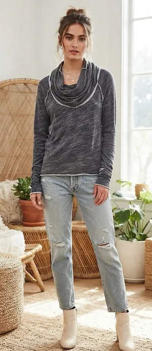 Free People Beach Gray Slouchy Cowl Neck Long Sleeve Top S thumbnail 1