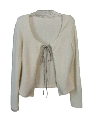 Women's White Fuzzy Cardigan Size M Silver Rhinestone Sparkle Bow Tie thumbnail 1