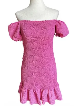 Zara Textured Weave Puff Sleeve Dress Size Medium Pink Ruffle Mini Dress | 8-21 thumbnail 1