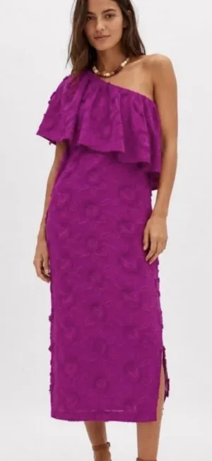 Abbey Glass NWT Sutton Lace 3D Floral Ruffle One Shoulder Midi Dress XS Purple thumbnail 1