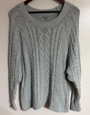 Aerie Women Light Blue Grey Cable Knit Pullover Sweater Size Large Crew Neck thumbnail 1
