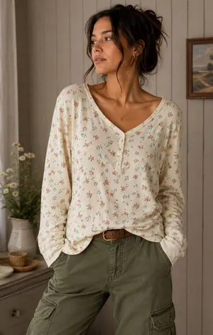 L.L.Bean Vintage Floral Double Layer Wool Blend Thermal Henley Top Cottagecore thumbnail 1