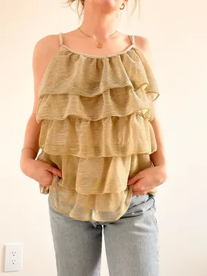 Vintage Metallic Gold Tiered Ruffle Camisole Top thumbnail 2