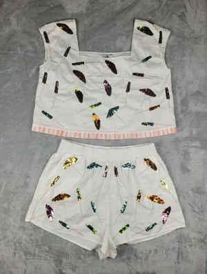 Queen of Sparkles 2 Piece Crop Top Shorts Set White Sequin XL Coctail Umbrellas thumbnail 2
