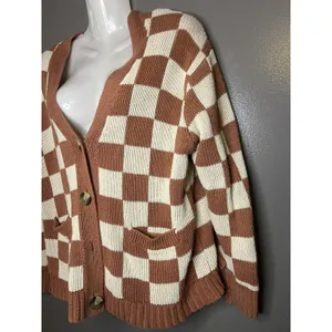 American Eagle Cardigan Sweater Womens XS Brown Checkered V Neck Button Front thumbnail 4