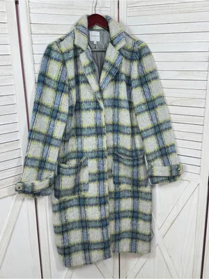 Cyrus Plaid Wool Blend Long Midi Overcoat Coat Grey Green Blue Large Winter thumbnail 7
